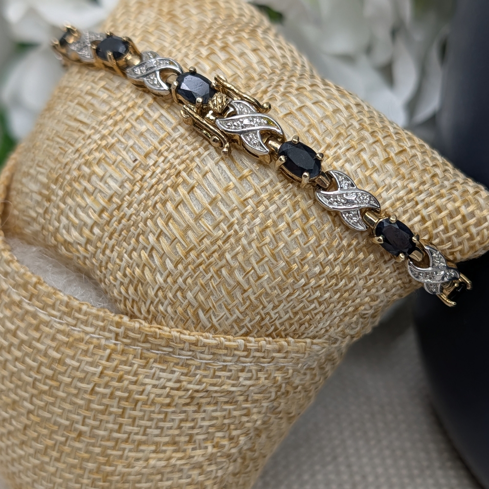 Vintage 925 Sterling Silver Gold Vermeil Black Onyx Bracelet | 7.25" | 12.2g - Picture 7 of 17